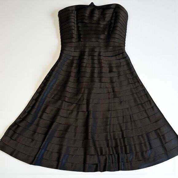 Vintage 80s Victor Costa Black Strapless Cocktail Dress Size 4 Satin Tiered Glam - Picture 2 of 11